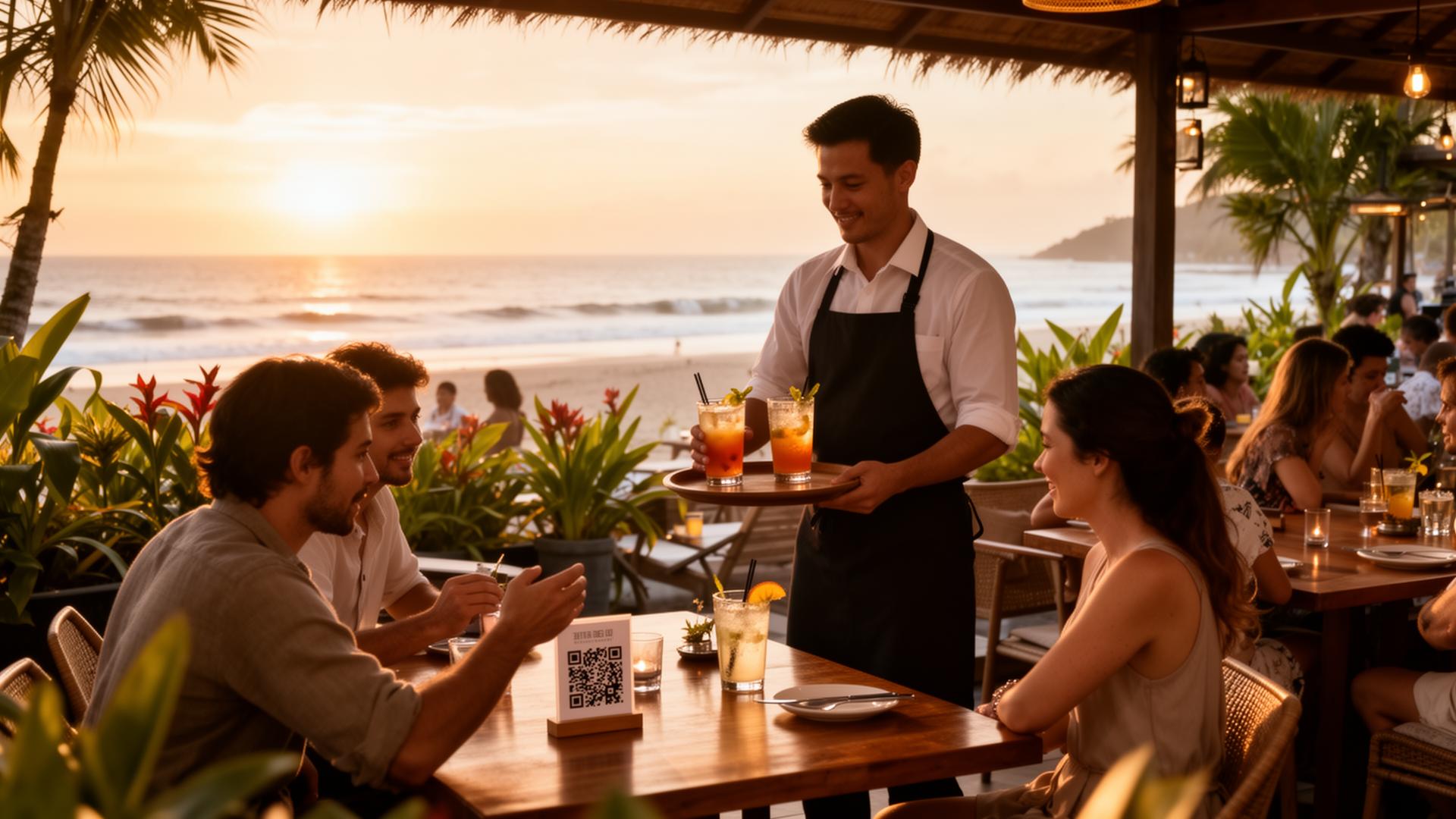 Waiter serving guests at a Bali beach club with a QR menu on the table at sunset